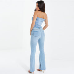 qiuz stretchable sky blue split hem flare ladies jeans