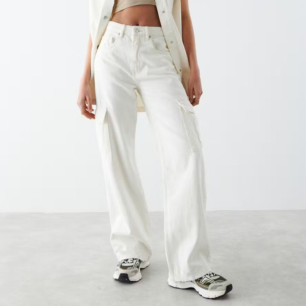 cropdnm straight fit high rise white cargo pant