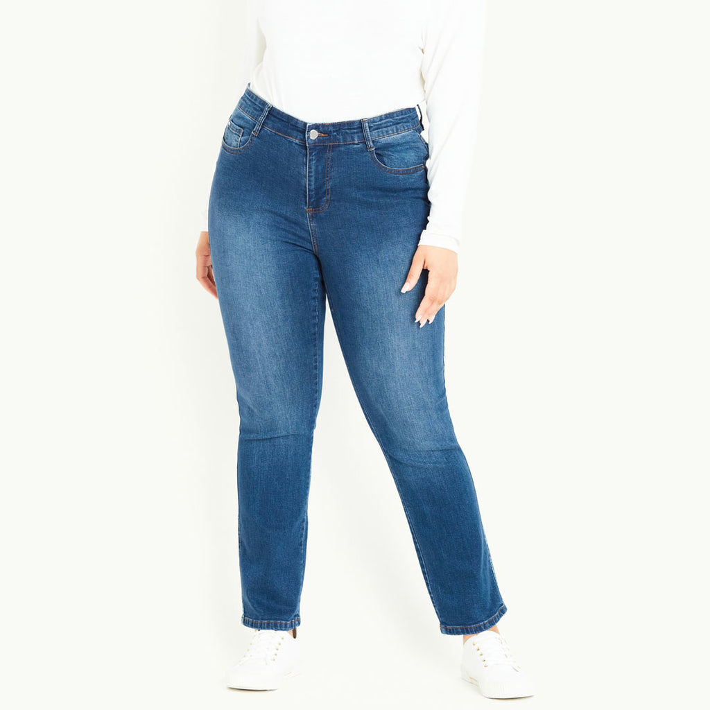 evns straight fit stretchable mid blue jeans for women