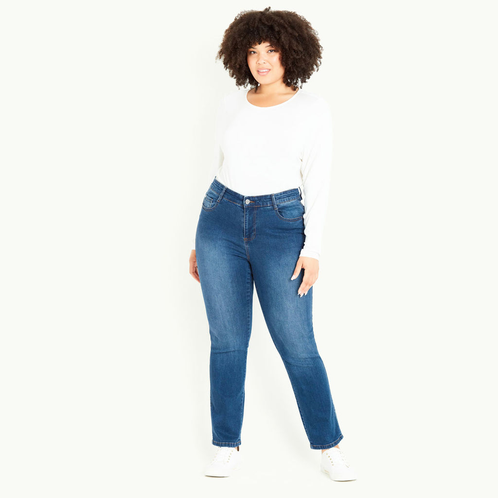 evns straight fit stretchable mid blue jeans for women