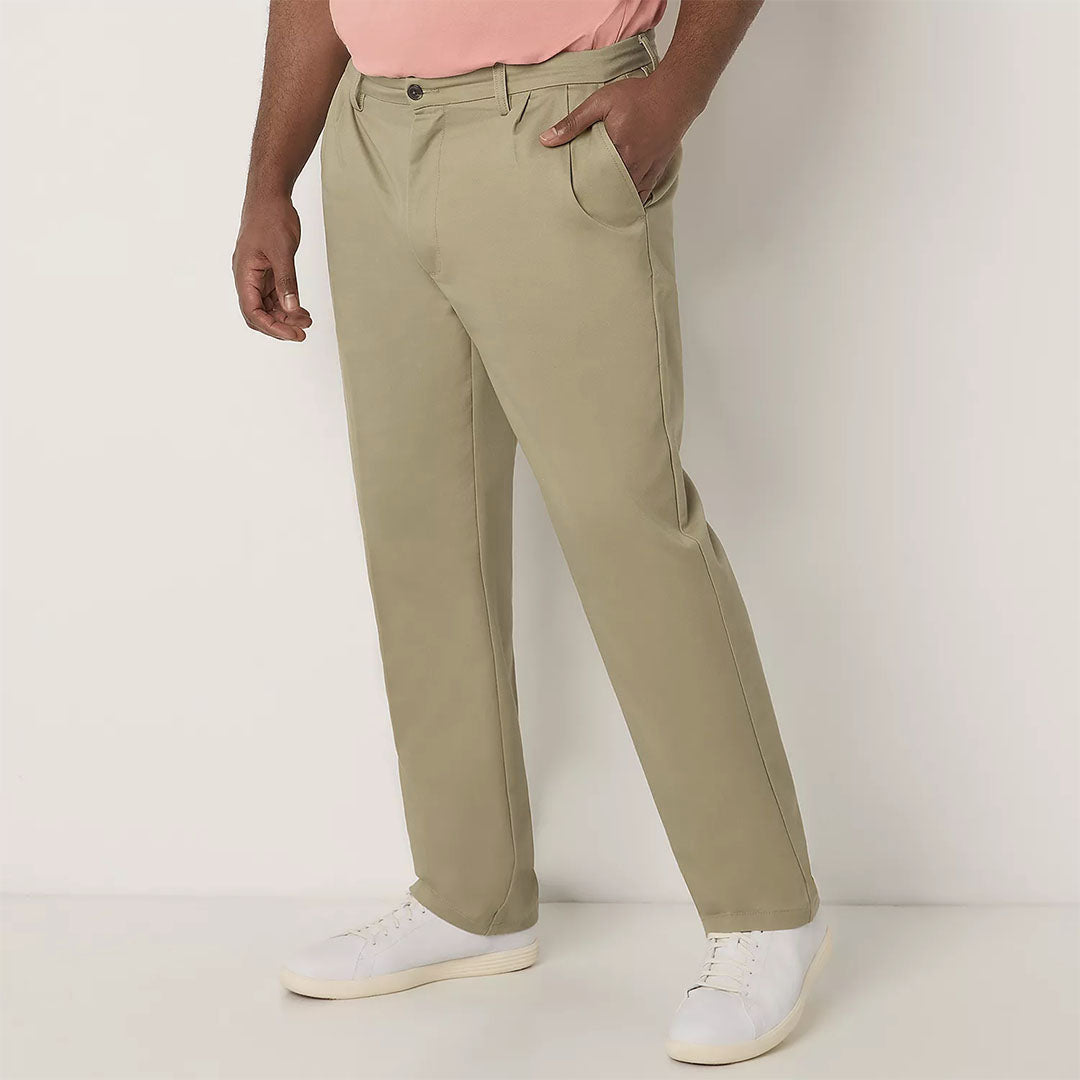 st jhn classic straight fit khaki pleated cotton pant for men