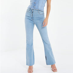 qiuz stretchable sky blue split hem flare ladies jeans