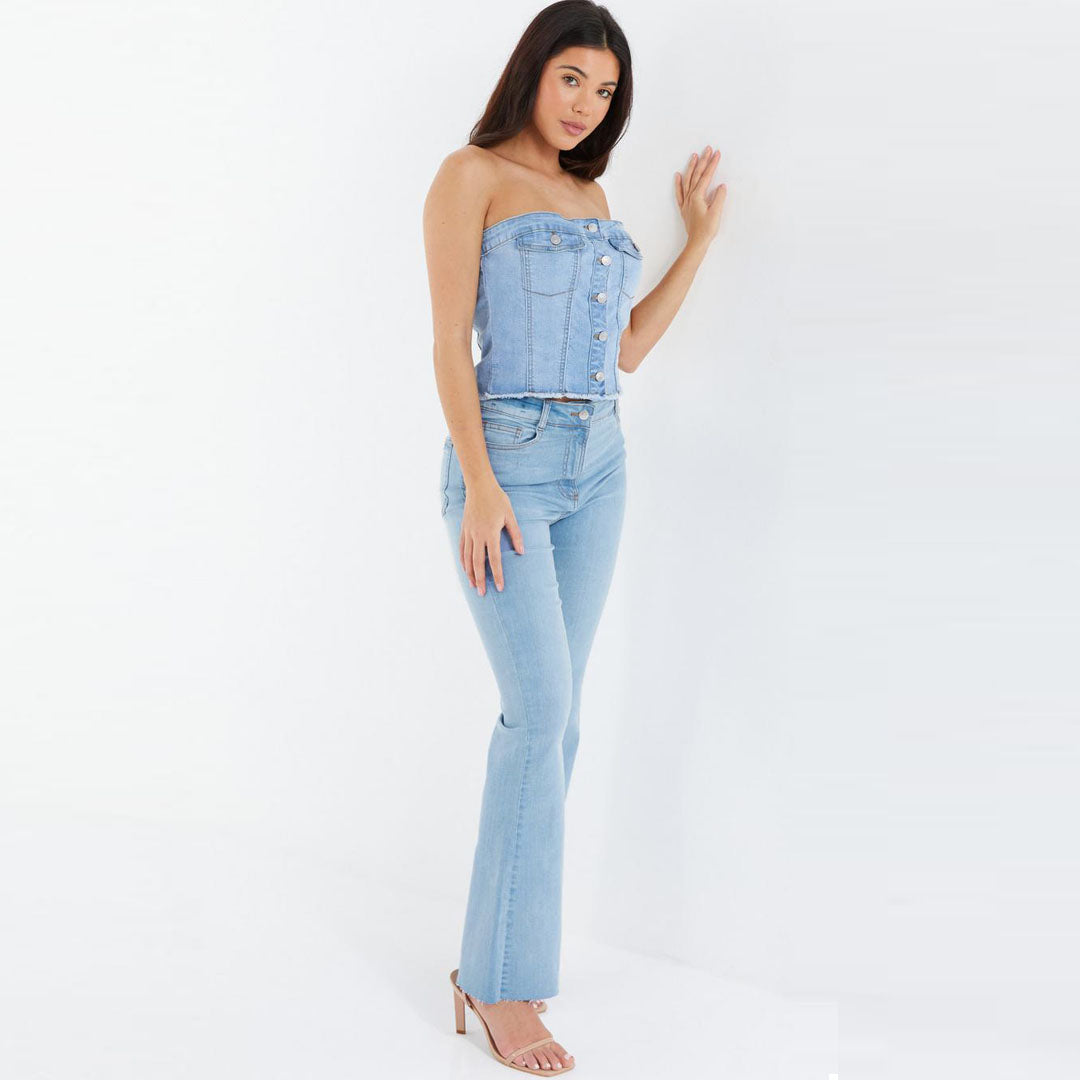 qiuz stretchable sky blue split hem flare ladies jeans