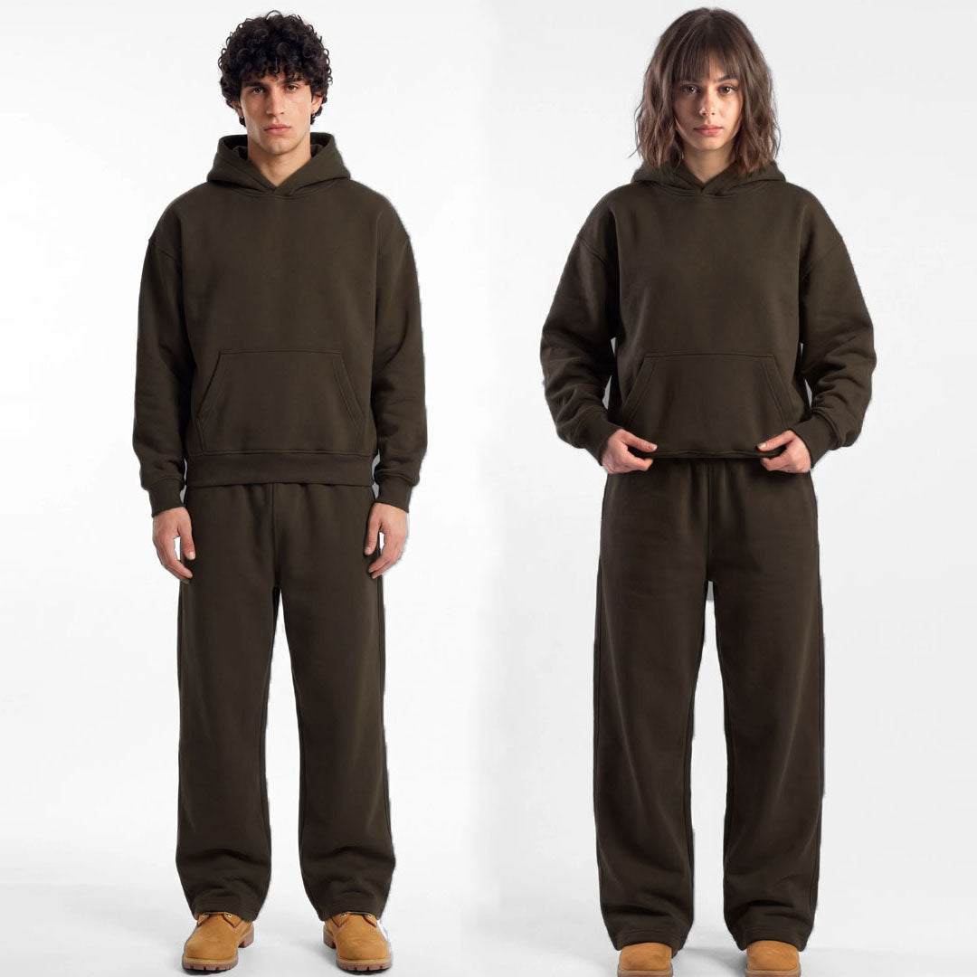 ZR drop shoulder / baggy unisex cotton fleece chocolate brown tracksuit for winter