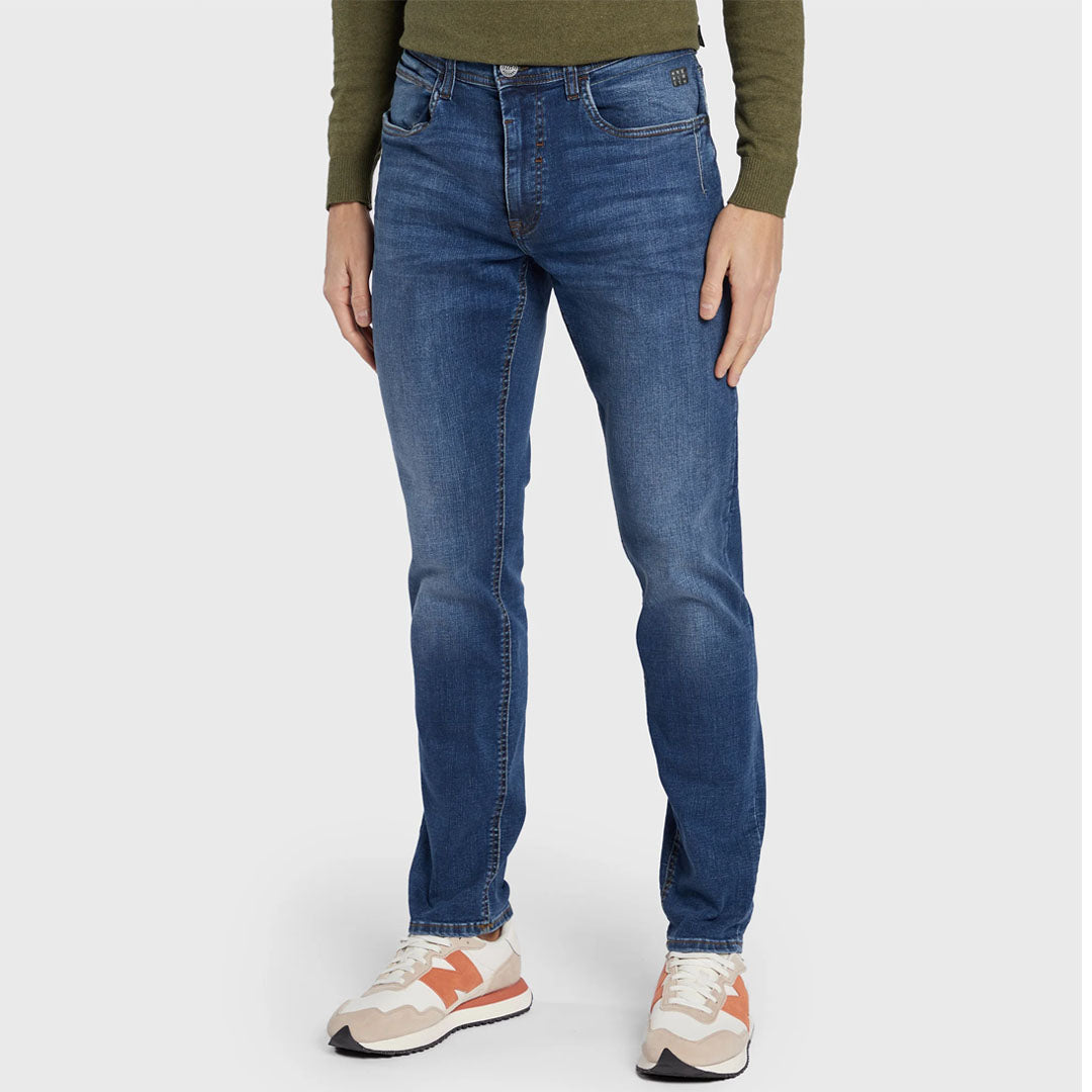 blnd slim/regular fit stretchable mid blue jeans for men