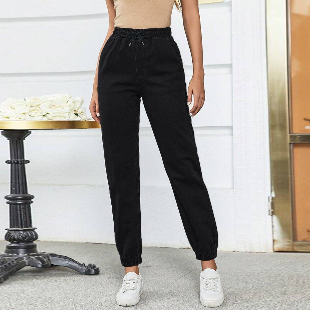 crop denim slim fit black jogger pant for women