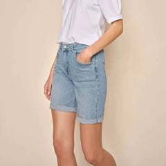 grnt slim fit stretchable high rise light blue denim short for women