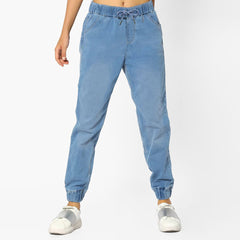 crop denim slim fit light blue jogger pant for women