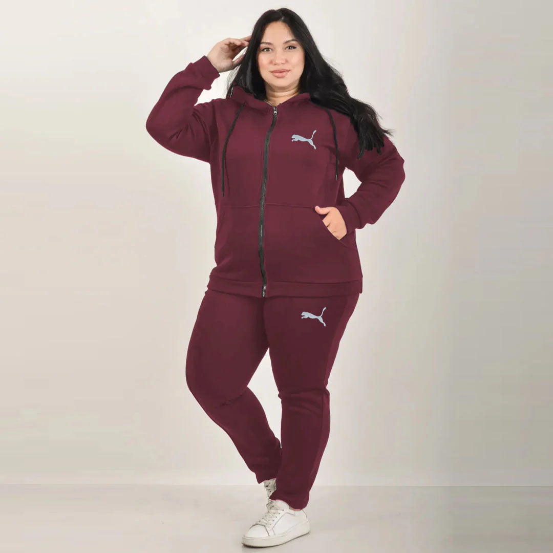 pma plus size maroon polyester fleece track suit for women