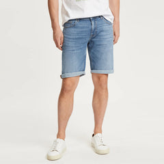 grnt slim fit stretchable light blue denim short for men