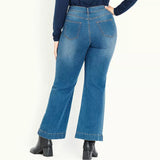 evns wide leg stretchable mid blue bottom slit jeans for women