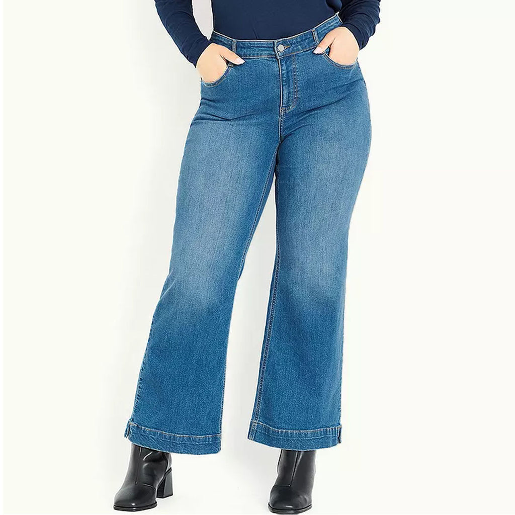 evns wide leg stretchable mid blue bottom slit jeans for women