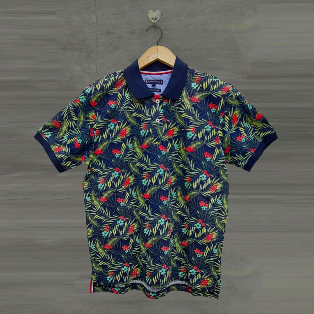 tmy navy blue floral printed imported polo shirt for men