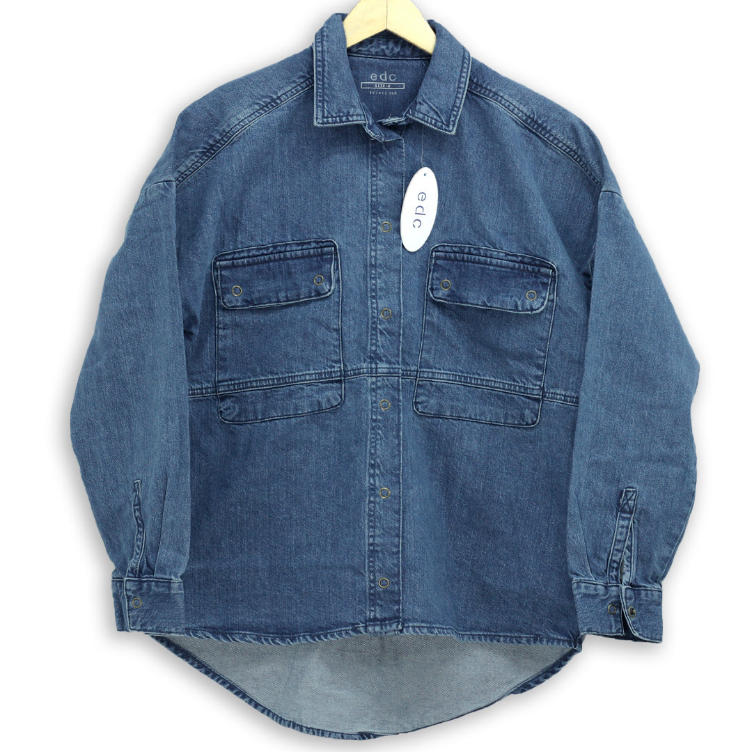 ed-c oversized medium blue long tail denim shirt for women