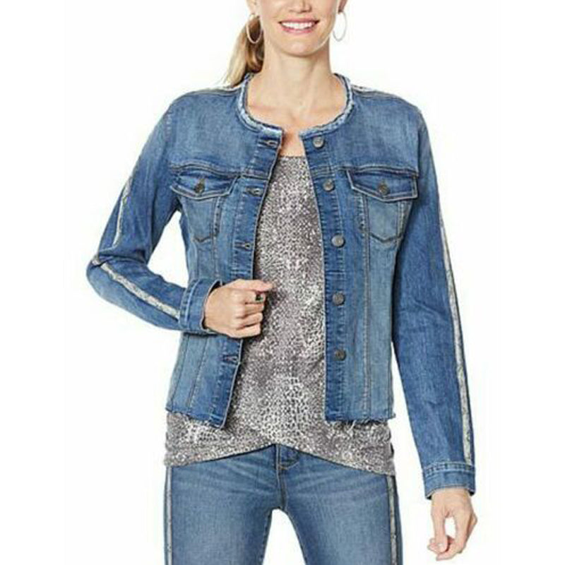 skiny girl collarless stretchable snake stripe denim jacket