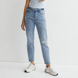 HM mom fit high rise stretchable knees ripped jeans