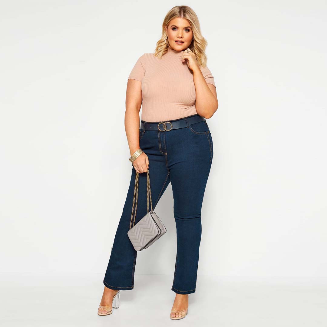 isl-a women plus size dark blue high rise stretchable slim curve bootcut jeans