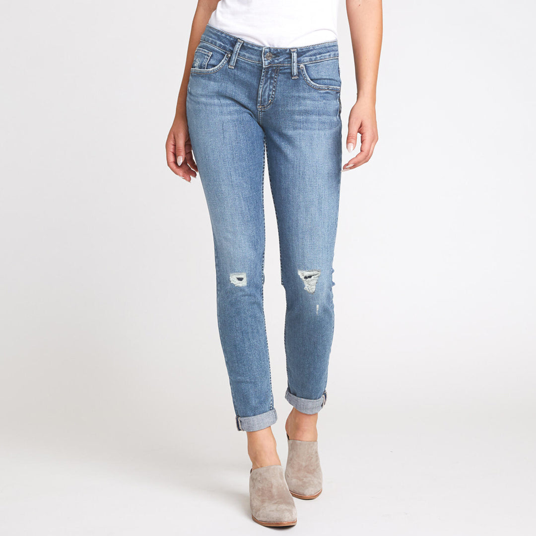 slver boyfriend fit stretchable both knees ripped jeans