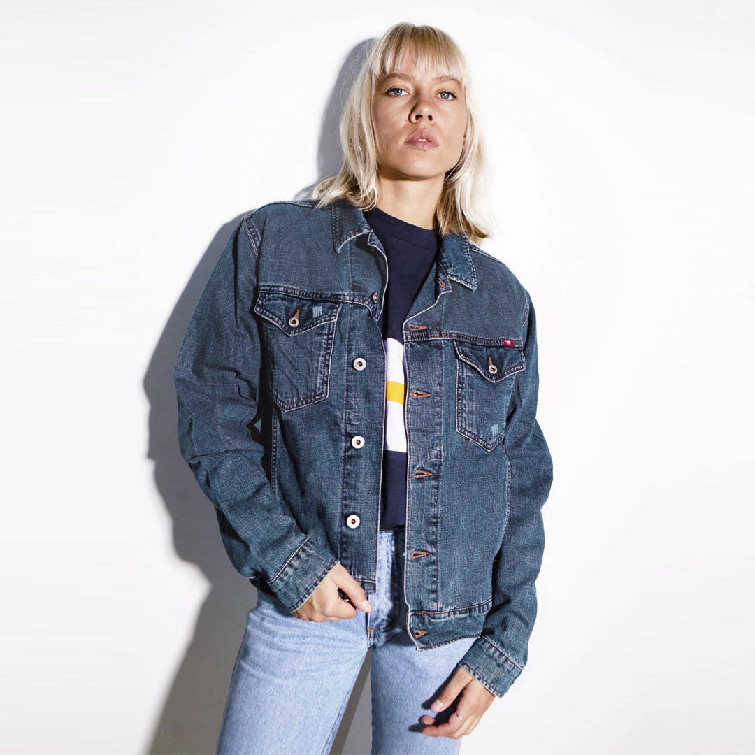 mstng stretchable medium blue oversized denim jacket