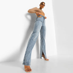 boho high rise cut out split straight leg jeans