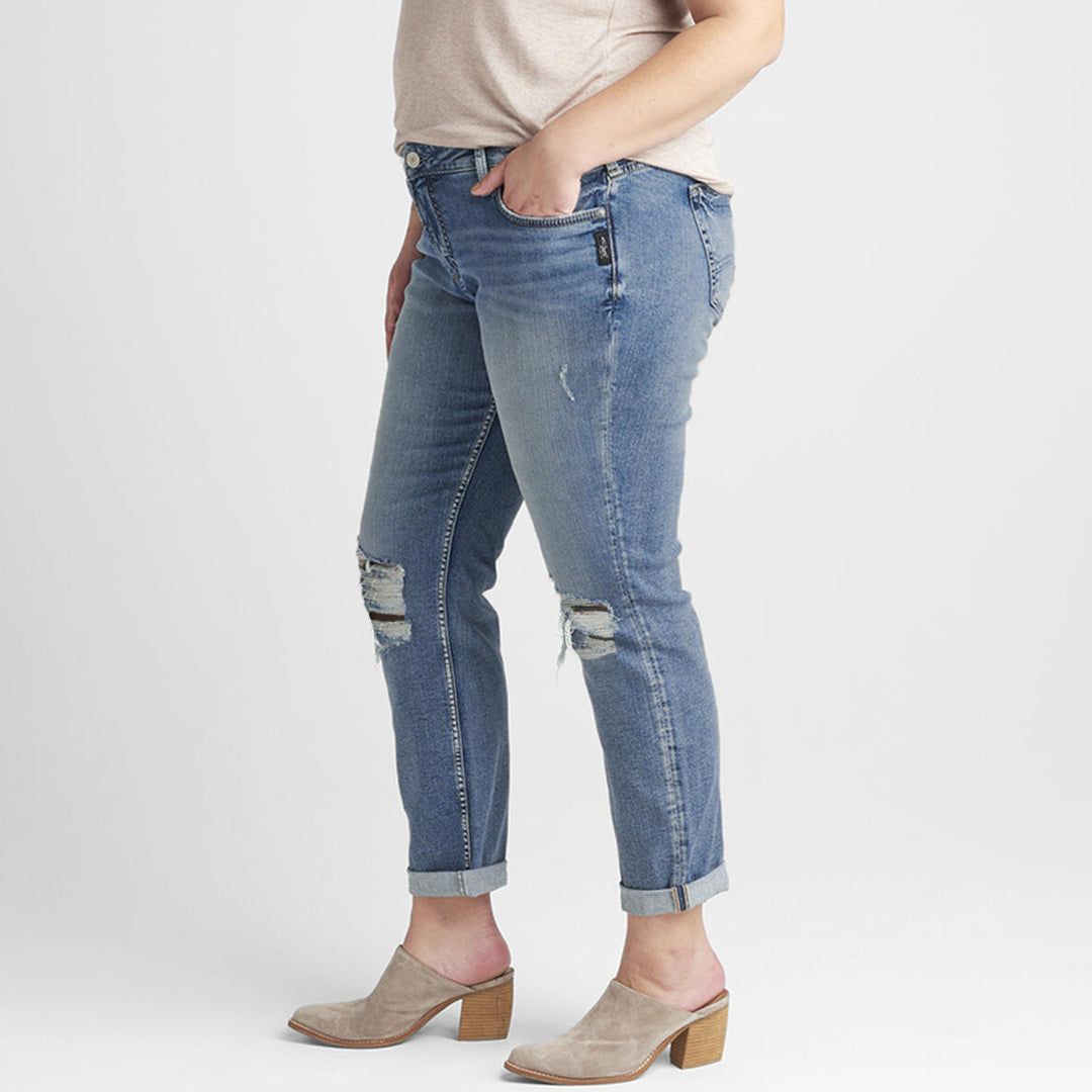 slver stretchable both knees ripped girlfriend fit jeans