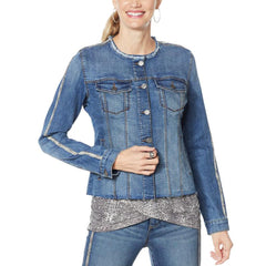 skiny girl collarless stretchable snake stripe denim jacket