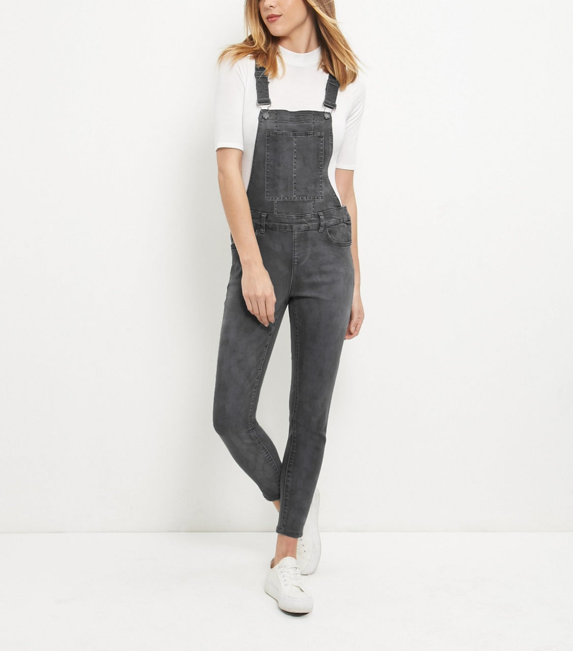 chep mondy slim fit stretchable dark grey stone wash denim dungaree