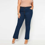 isl-a women plus size dark blue high rise stretchable slim curve bootcut jeans