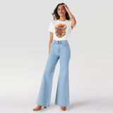 wrngler high rise non stretchable sky blue bootcut jeans