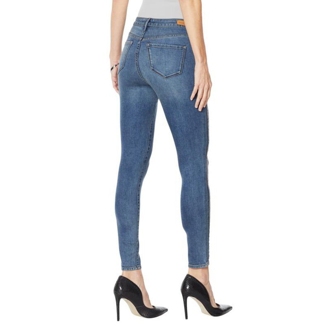 skiny girl high rise stretchable mid blue side stripe jeans