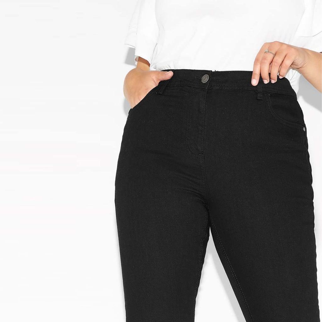 isl-a women plus size jet black high rise stretchable slim curve bootcut jeans