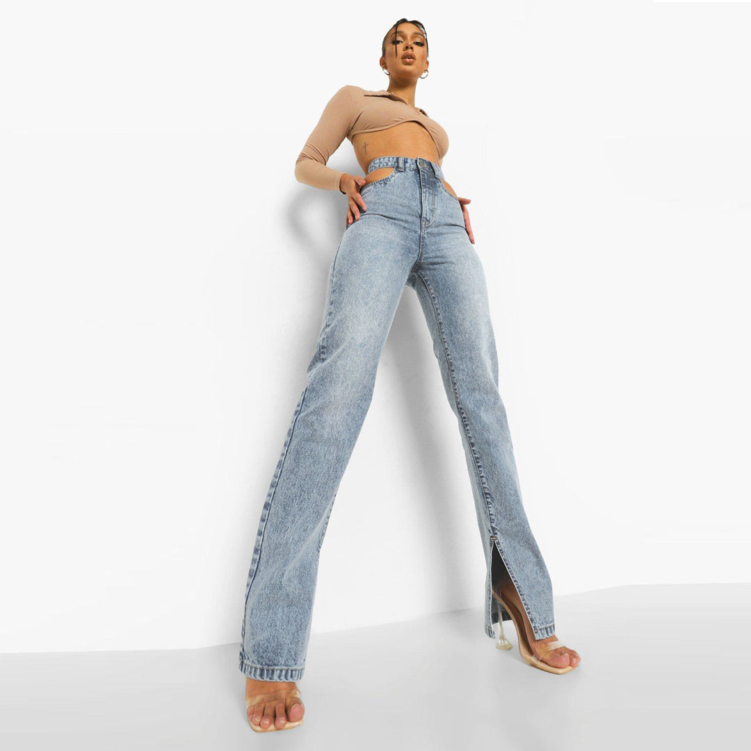 boho high rise cut out split straight leg jeans