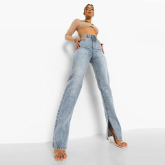 boho high rise cut out split straight leg jeans