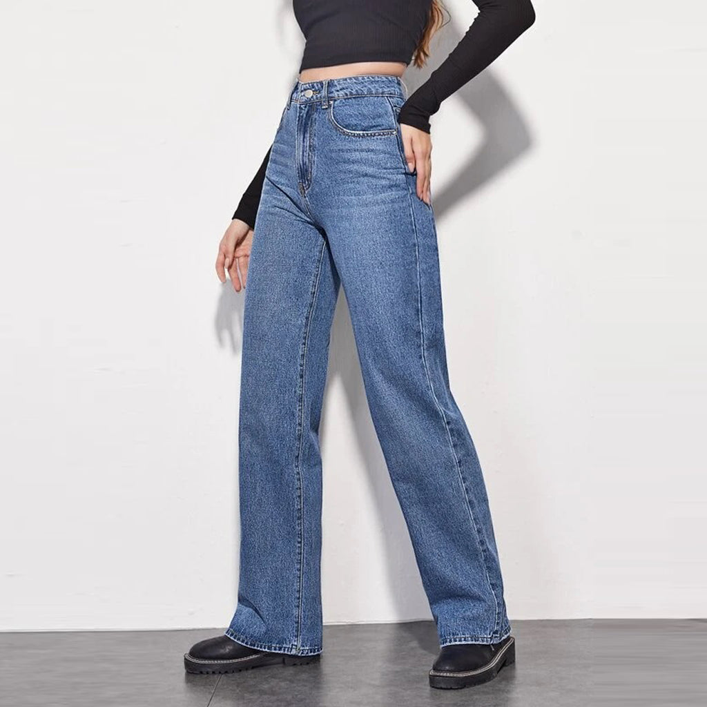 wekday high rise extra straight leg mid blue jeans for women