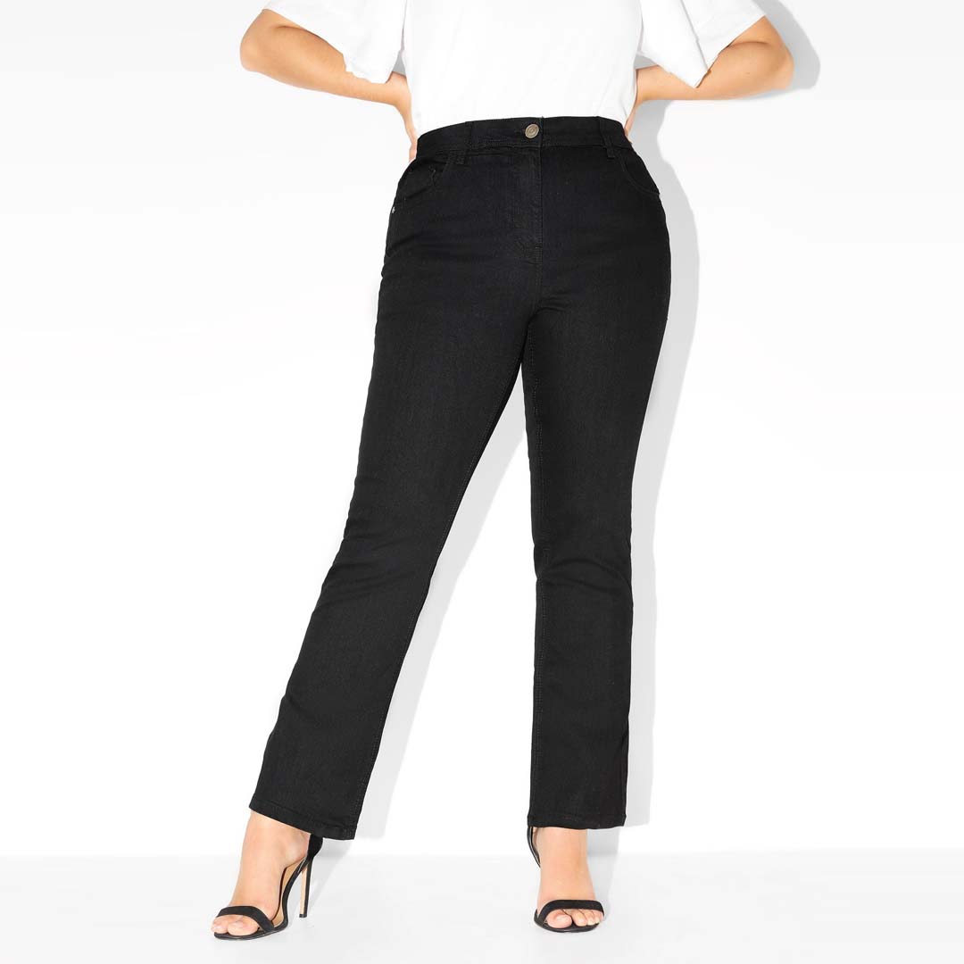 isl-a women plus size jet black high rise stretchable slim curve bootcut jeans