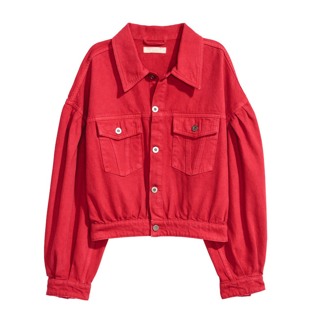 hm women over size loose style short body red denim jacket