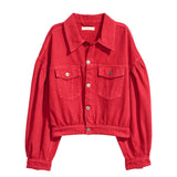 hm women over size loose style short body red denim jacket