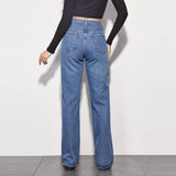 wekday high rise extra straight leg mid blue jeans for women