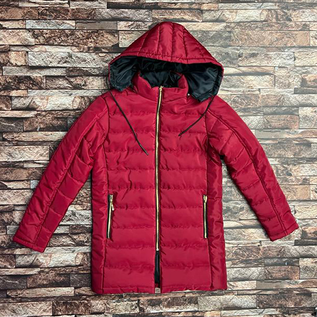 air premium quality maroon long puffer jacket for women