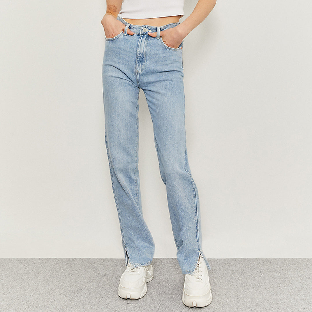 CA straight fit high rise light blue bottom side slit ladies jeans