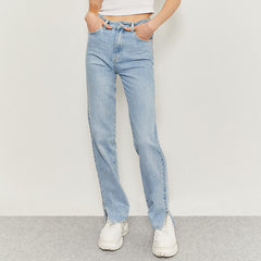 CA straight fit high rise light blue bottom side slit ladies jeans