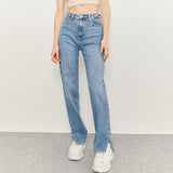 CA straight fit high rise mid blue bottom side slit ladies jeans