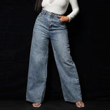 Boho extra wide leg high rise long length plus size vintage wash jeans