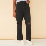 FF high rise extra straight leg both knees black ripped jeans
