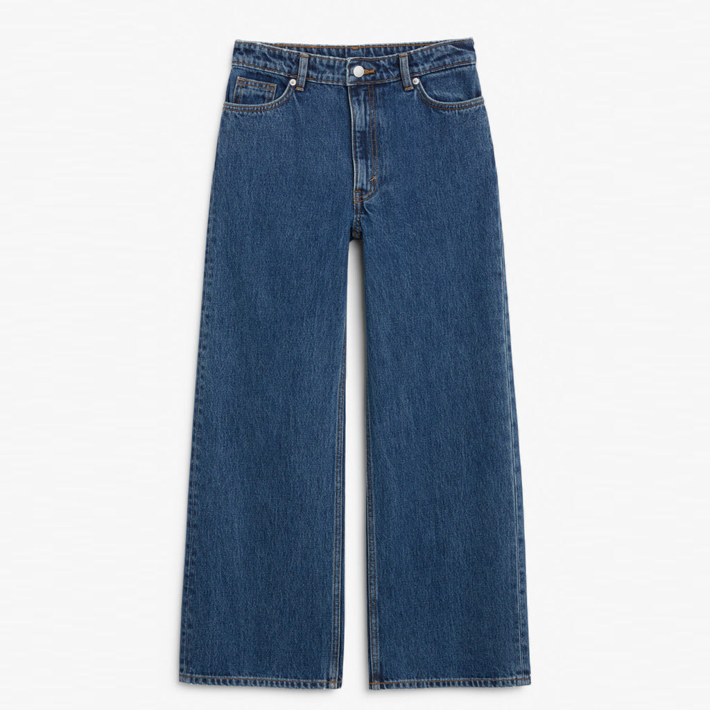 monki high rise extra straight leg medium blue jeans for women