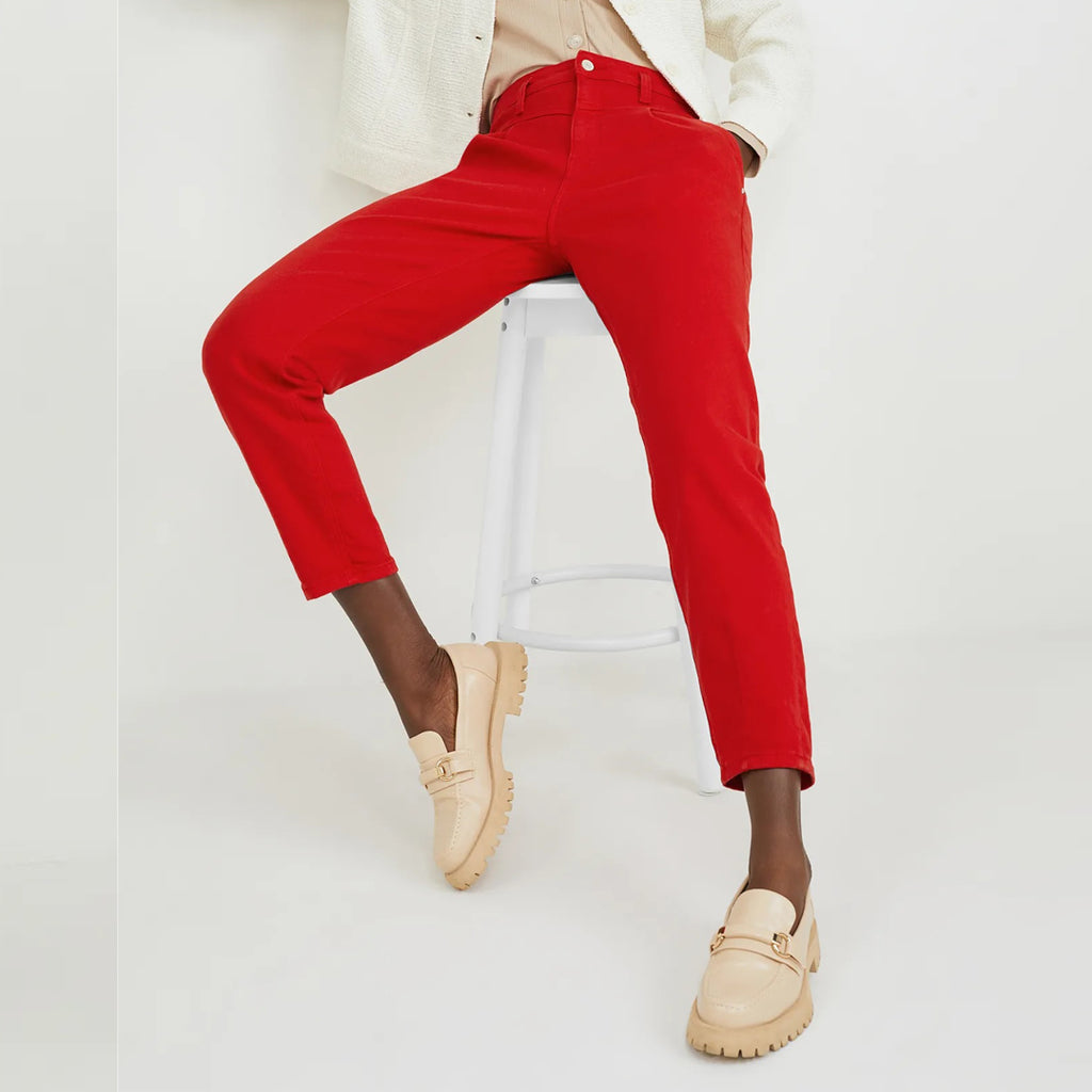 CA mom fit high rise stretchable red jeans for women
