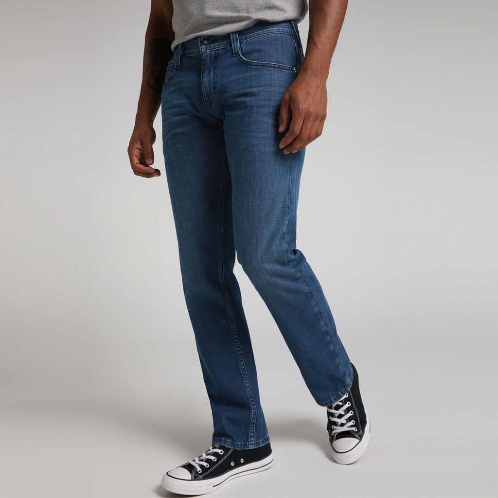 mustng straight leg dark faded blue mens jeans