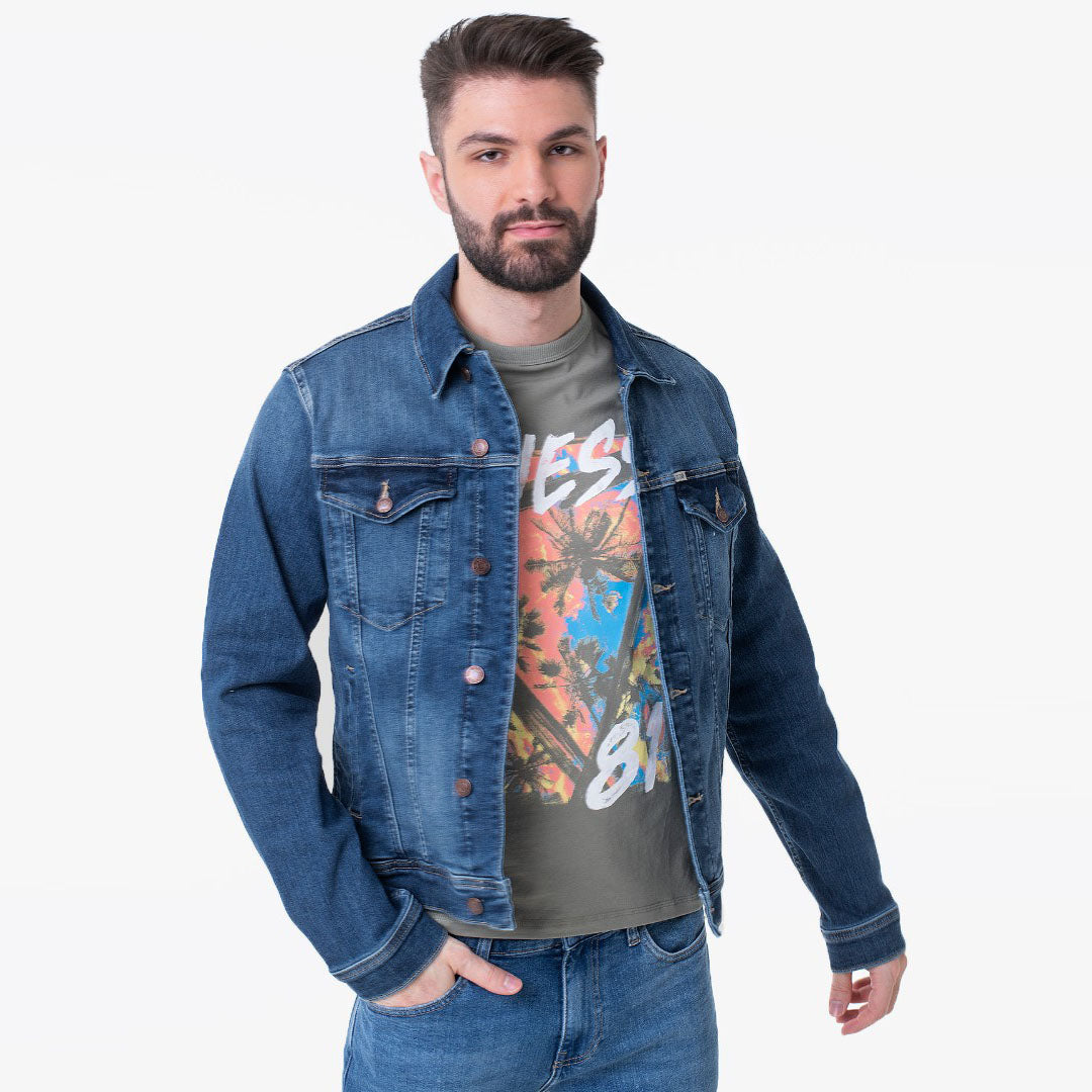 ges stretchable medium blue denim jacket for men