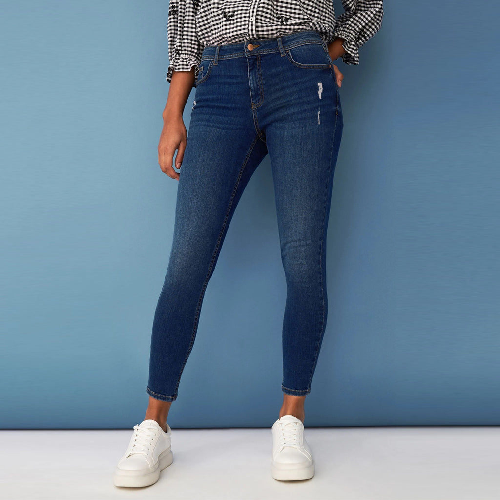 FF skinny fit stretchable indigo blue ankel length ripped jeans