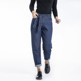 rica lwis mom fit/ paper bag high rise solid blue jeans